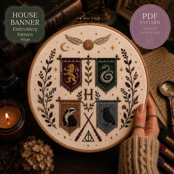Wizardcore House Banner Embroidery Pattern, Dark Academia Enchanted Library Design (PDF Download)