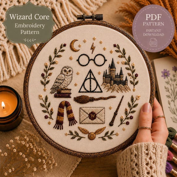 Wizardcore Embroidery Pattern, Dark Academia Enchanted Library Design (PDF Download)