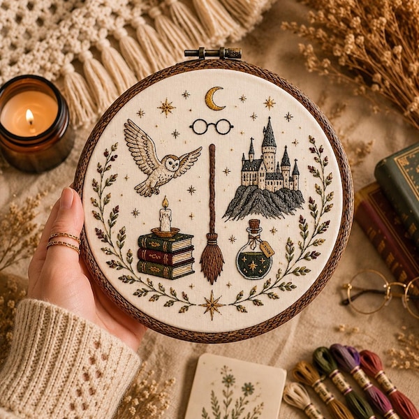 Fantasy Embroidery Pattern PDF Owl Castle Hand Embroidery Pattern Magic Hoop Art Beginner Embroidery PDF Cottagecore Wall Decor Gift Pattern