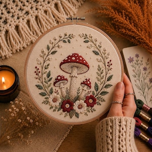 Mushroom Embroidery Pattern PDF Woodland Embroidery Pattern Red Mushroom Botanical Pattern Cottagecore DIY Hoop Art Beginner Hand Embroidery