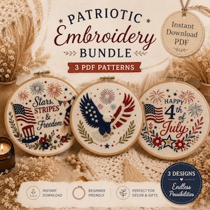May include: A patriotic embroidery bundle featuring three circular wooden hoops with fabric designs. The patterns include an American flag with a top hat, a bald eagle, and text reading Stars, Stripes & Freedom and Happy 4th of July.
