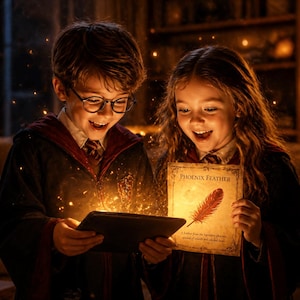 May include: Two children in Hogwarts-style robes are illuminated by a glowing tablet and a book titled "Phoenix Feather." The book features a detailed illustration of a red feather. The scene is warm and inviting, with soft lighting and a magical atmosphere.