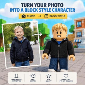 Könnte beinhalten: Werbebild, das das Foto eines Kindes zeigt, das in einen Blockstil-Charakter umgewandelt wurde. Das Bild enthält den Text "TURN YOUR PHOTO INTO A BLOCK STYLE CHARACTER" und Symbole für Personalisierung, schnelle Lieferung, hohe Qualität und ein perfektes Geschenk.