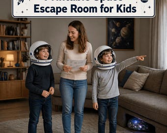 May include: A family poses in a living room, with two children wearing white astronaut helmets. The image features a sign that reads "Printable Space Escape Room for Kids." A woman holds papers, and one child points towards the right.