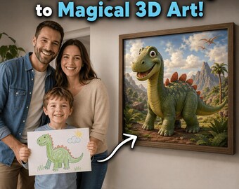 Arte 3D personalizado a partir de un dibujo infantil con vídeo de transformación mágica - Regalo artístico infantil personalizado - Descarga digital en alta resolución tamaño A4