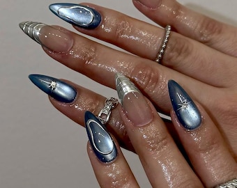 cats eye dark navy blue stary sky metallic silver chrome  press on nails starry gem