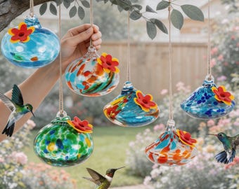 Hand Blown Glass Hummingbird Feeder, Hanging Outdoor Bird Feeder, Garden Decor Gift for Bird Lovers, Unique Hummingbird Water Feeder