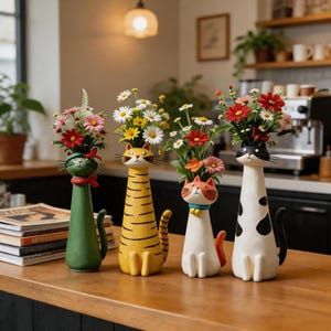 Könnte beinhalten: Vier keramische Vasen in Katzenform, jede mit einem Blumenstrauß. Die Vasen sind in Grün, Gelb, Orange und Weiß mit schwarzen Akzenten bemalt. Die Vasen stehen auf einer Holzoberfläche.