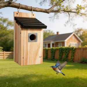 May include: A wooden birdhouse with a black roof hangs from a tree branch. The birdhouse has a circular entrance and a small metal plate around the hole. A bluebird flies in front of the birdhouse in a sunny outdoor setting.