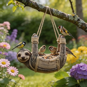 Könnte beinhalten: Ein hängender Vogelfutterspender in Form eines Faultiers, gefüllt mit Vogelfutter. Mehrere kleine Vögel sitzen auf dem Futterspender und den Ästen. Der Futterspender ist mit einem Seil an einem Ast befestigt, vor einem Hintergrund aus bunten Blumen.