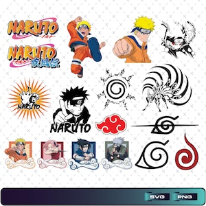 May include: A collection of Naruto-themed graphics. The image includes various character illustrations, logos, and symbols from the anime series. The color palette features orange, blue, black, and white. The graphics are in SVG and PNG formats.