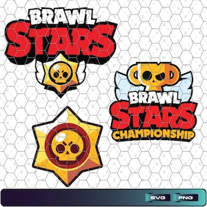 May include: Four Brawl Stars logos in red, white, and gold. The logos include the game's name, a star with a skull, and a trophy. The background is a white hexagonal pattern with a gradient bar at the bottom.