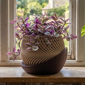 May include: A round, beige, 3D-printed planter with a textured, lattice-like pattern holds a Tradescantia zebrina plant with purple and green striped leaves. The planter sits in a dark brown, curved base next to a clear glass vase with a pothos plant.