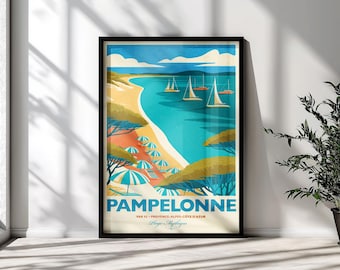 May include: A framed travel poster featuring a stylized illustration of Pampelonne beach with turquoise water, sailboats, sandy shores, and blue-and-white striped umbrellas. The text reads PAMPELONNE, VAR 83, PROVENCE-ALPES-CÔTE D'AZUR, Plage Mythique.