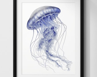 Blue Jellyfish Art Print, Minimalist Ocean Wall Art, Coastal Marine Life Poster