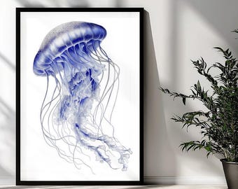 May include: A framed wall art print featuring a detailed illustration of a jellyfish in shades of blue and white. The jellyfish has a rounded bell top and long, flowing tentacles that extend downward against a stark white background.