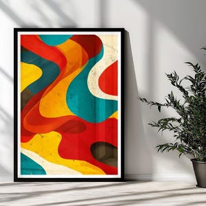 May include: A framed wall art print featuring an abstract composition of flowing, wavy shapes in vibrant shades of red, yellow, teal, and off-white. The design has a textured, weathered appearance with a thin black frame surrounding the artwork.