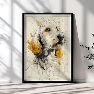 Könnte beinhalten: Ein gerahmter Kunstdruck mit einer stilisierten, ausdrucksstarken Illustration eines Hundes mit zotteligem weißem Fell, bernsteinfarbenen Augen und einer schwarzen Nase. Das Kunstwerk enthält abstrakte schwarze Tintenlinien und leuchtend gelbe Farbspritzer.