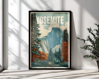 May include: A framed vertical poster featuring a stylized illustration of Yosemite National Park. The artwork displays Half Dome, evergreen trees, and autumn foliage in shades of blue, green, and orange. Text reads VISIT YOSEMITE NATIONAL PARK.