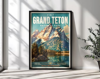 Grand Teton National Park Vintage Travel Poster | Retro Mountain Wall Art