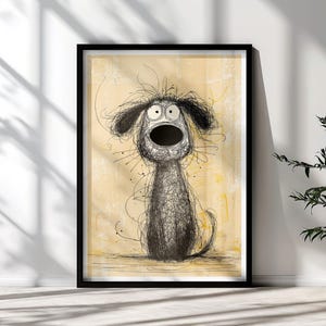 May include: A framed wall art print featuring a black ink sketch of a dog with a surprised expression, wide eyes, and an open mouth. The dog is rendered in a scribbled, messy line style against a textured, light beige and yellow background.