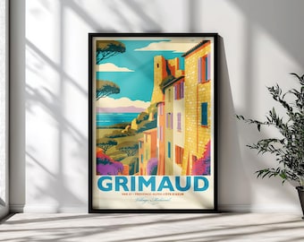 May include: A framed travel poster featuring a vibrant illustration of Grimaud, Provence-Alpes-Côte d'Azur. The artwork depicts yellow stone buildings, a medieval tower, blue sea, and trees under a blue sky. The text reads GRIMAUD, VAR, PROVENCE-ALPES-CÔTE D'AZUR, Village Médiéval.
