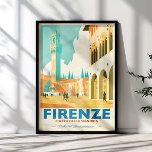 Florence Piazza della Signoria Vintage Poster, Palazzo Vecchio Travel Print, Tuscany Wall Art