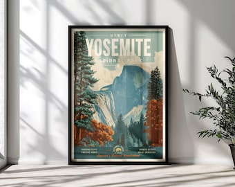 May include: A framed vertical poster featuring a stylised illustration of Yosemite National Park. The artwork displays Half Dome, evergreen trees, and autumn foliage in shades of blue, green, and orange. Text reads VISIT YOSEMITE NATIONAL PARK.