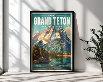 May include: A framed vertical poster featuring a stylized illustration of Grand Teton National Park. The artwork depicts snow-capped mountains reflecting in a lake, with text reading VISIT GRAND TETON NATIONAL PARK and America's National Wonderland.