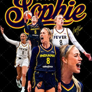 Puede incluir: Un póster gráfico con múltiples imágenes de una jugadora de baloncesto con uniformes de Indiana Fever, número 8. El texto dice SPICY Sophie en la parte superior e INDIANA FEVER en la parte inferior. La jugadora aparece en varias poses, incluyendo un tiro.