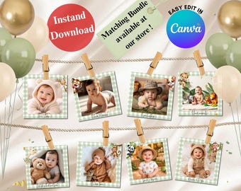 Sjabloon voor spandoek eerste verjaardag foto, bewerkbaar in canva, babyshower, maandelijkse mijlpaalkaarten, afdrukbare fotoslinger, direct downloaden