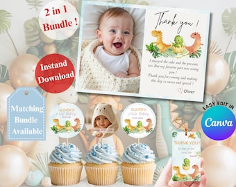 BEWERKBARE T Rex dinosaurus 1e verjaardag bedankt & cupcake topper sjabloon, babyshower decor afdrukbare canva Instant Download Jungle Party