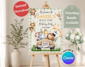 BEWERKBARE dieren Safari verjaardag welkomstbord fotosjabloon, decor babyshower, afdrukbare canvas, instant download, Jungle Party bord bord