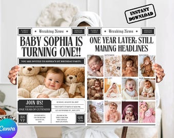 Sjabloon krant eerste verjaardag baby, aangepast fototijdschrift, mobielvriendelijk, bewerken in canva, Instant Download (digitale download)