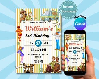 Mystery puppy verjaardagsuitnodiging bewerkbaar in canva-sjabloon, cartoon feestuitnodiging, kinderverjaardagsuitnodiging, instant download, mobielvriendelijk