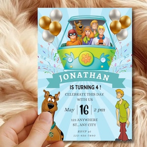 May include: A birthday party invitation featuring the Scooby-Doo gang in a colorful airship. The invitation includes the name "Jonathan", the age "4", date, time, and address. Balloons and confetti add to the festive design.