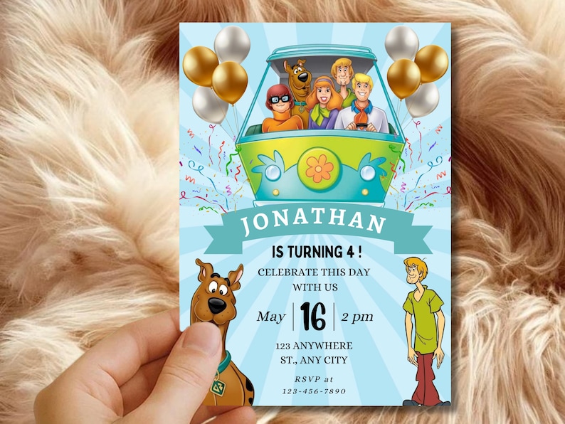 May include: A birthday party invitation featuring the Scooby-Doo gang in a colorful airship. The invitation includes the name "Jonathan", the age "4", date, time, and address. Balloons and confetti add to the festive design.