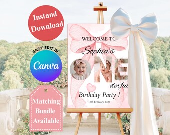 BEWERKBARE roze strik 1e verjaardag welkomstbord fotosjabloon eerste verjaardag meisje decor afdrukbare canva, Instant Download, Coquette Party
