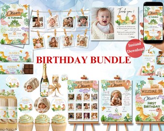 Dinosaurus T Rex 1e verjaardag BUNDEL Sjablonen, babyshower, eerste verjaardag, jungle verjaardagsuitnodiging, instant download, bewerken in canva bundel