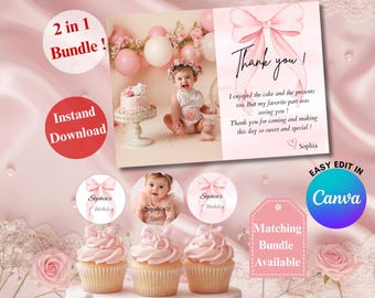 BEWERKBARE Pink Bow Coquette 1e verjaardag Bedankkaart & cupcake topper sjabloon eerste verjaardag meisje decor, afdrukbare canva, instant download