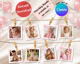 Sjabloon voor spandoek eerste verjaardag foto, bewerkbaar in canva Baby's 1e jaar maandelijkse mijlpaalkaarten, afdrukbare fotoslinger, direct downloaden