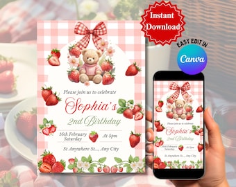 Sjabloon verjaardagsuitnodiging Berry bewerkbaar in canvas | Aardbeienzoete uitnodiging | Uitnodiging kinderfeestje | Mobiele versie inbegrepen