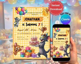 Verjaardagsuitnodiging voor kat en muis bewerkbaar in canva-sjabloon, kinder cartoon feestuitnodiging, mobiele versie, direct downloaden