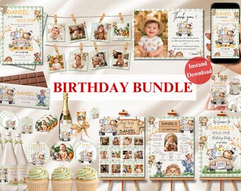 Animal Safari 1e verjaardag BUNDEL Sjablonen, babyshower, eerste verjaardag, jungle verjaardagsuitnodiging, instant download, bewerken in canva bundel