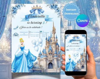 Verjaardagsuitnodiging blauwe prinses bewerkbaar in canvassjabloon | Afdrukbare prinsessenfeestuitnodiging | Mobielvriendelijk (digitale download)