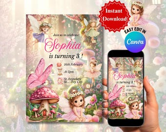 Sjabloon Fairy Princess-verjaardagsuitnodiging, bewerkbaar in Canva Invite, grillig magisch tuinfeest, mobiel bewerkbaar, Instant Download