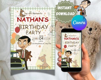 Grappige herenverjaardagsuitnodiging bewerkbaar in canvassjabloon | Grappige cartoonfeestuitnodiging | Mobielvriendelijk (digitale download)
