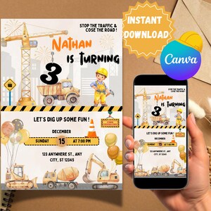 Puede incluir: Una invitación de cumpleaños con temática de construcción. El diseño presenta una grúa, un camión volquete y un trabajador de la construcción. La invitación incluye el texto "Nathan cumple 3 años" y "¡Vamos a divertirnos!" con detalles del evento.