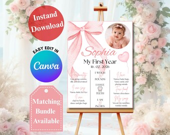 BEWERKBARE Pink Bow Coquette 1e verjaardag mijlpaal sjabloon, meisje feest decor mijlpaal bord, afdrukbaar canvas, Instant Download