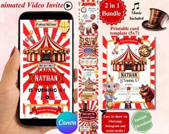 Carnaval Circus-verjaardag video-uitnodiging | Bewerkbaar in canvas | Live aftellen, reageren, muziek, kaarten | Afdrukbare kaartsjabloon | 2-in-1-bundel
